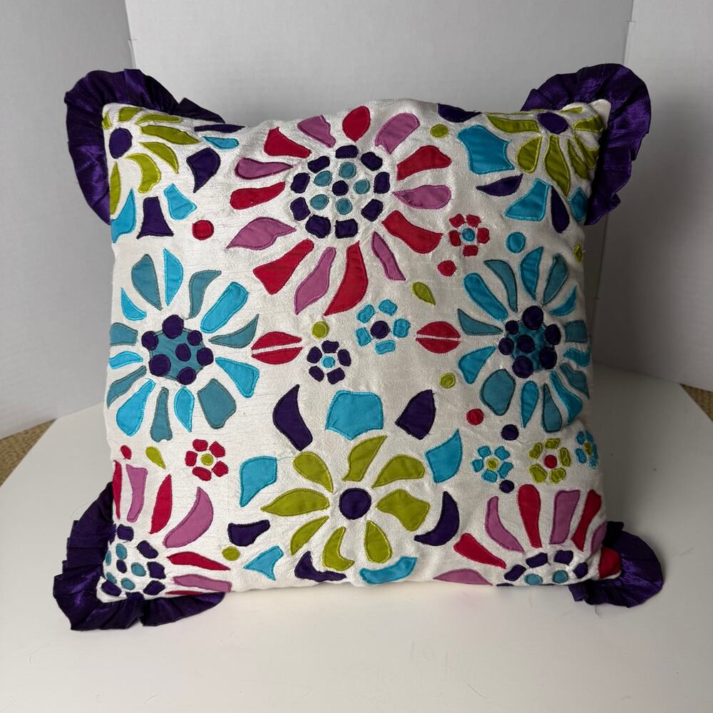 Pier 1 Imports Colorful Floral Applique Throw Pillow Ruffle 15x15 Purple Blue